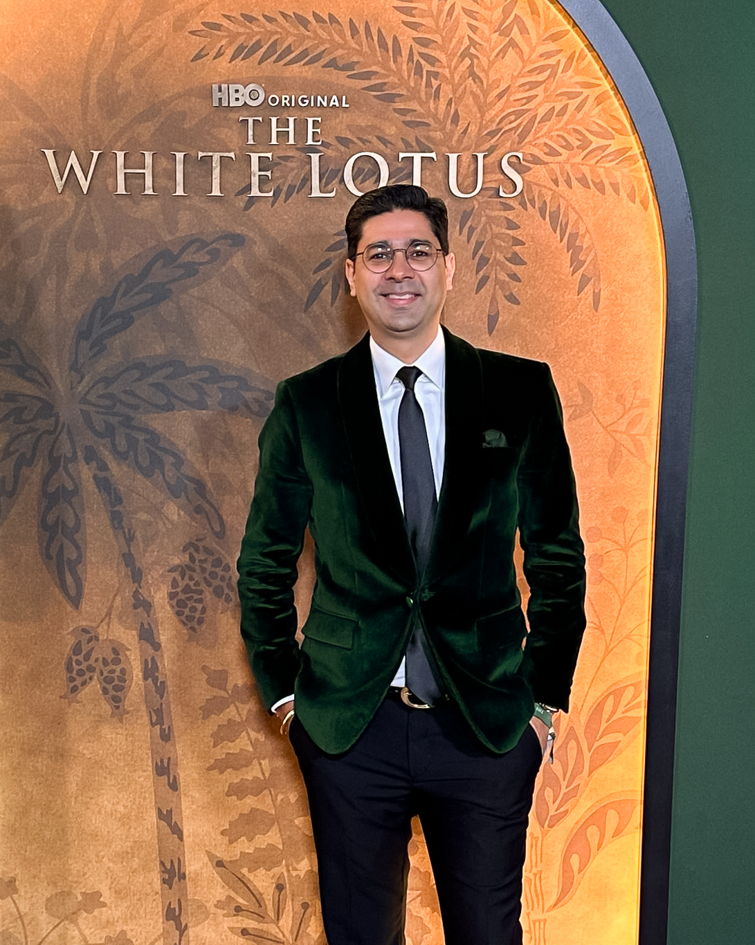Client at the White Lotus premiere in a Gulati velvet dinner jacket