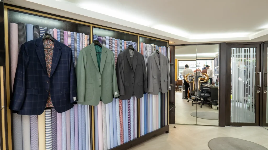 Bespoke jackets and fabric bolts at the Gulati atelier in Nana